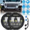 2Pcs 7In 75W Round LED Headlight 3800LM Halo Car Headlamp with DRL High Low Beam for Jeep Wrangler TJ JK CJ with H4 to H13 Adapters Plug and Play