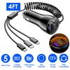 125W 5 In 1 Fast Charge Car Charger QC PD USB Type C LT 5 Port Car Cigarette Lighter with 4FT Coiled Cable Voltage Monitor Fit For IOS Phone IPad Sams