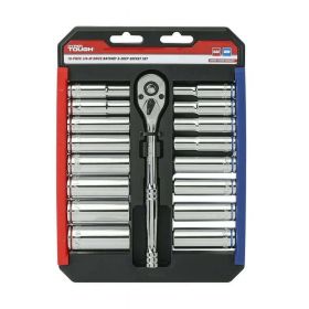 Hyper Tough 19 Piece 3/8 inch Drive Ratchet and Socket Set, Deep Standard Sockets, 43235